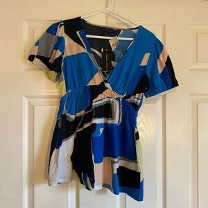 NWT French Connection medium Y2K vintage retro blue babydoll abstract top